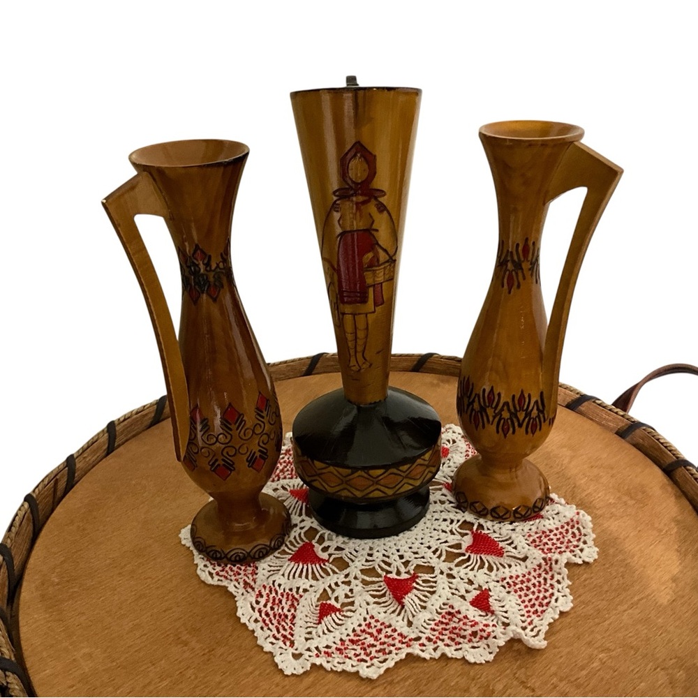 Mid Century Hand Painted Wood Folk Art Cultural Motif Vases Decorative 3